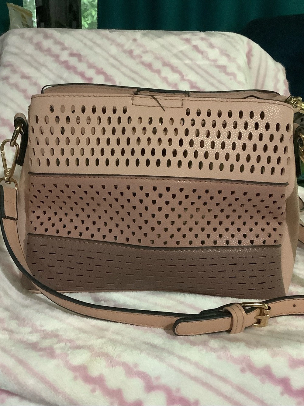 Perforated Blush Pink Panel Crossbody Bag with Adjustable Strap